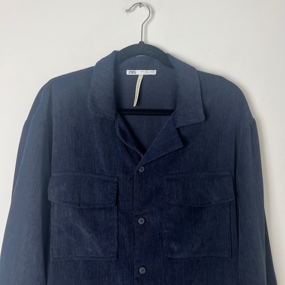 ZARA Man Large Navy Blue Relaxed Fit Corduroy Suit Button Down Shirt Shacket - Picture 9 of 16